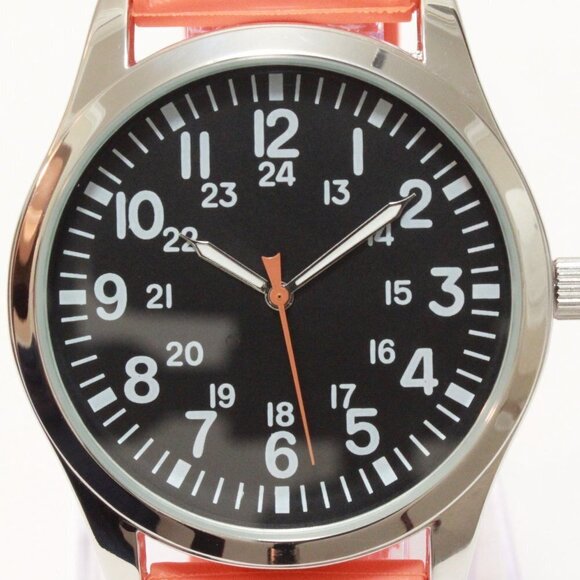 Men's Quartz Field Watch Silver Case Orange Tropical Rubber Strap 42mm - Picture 14 of 15